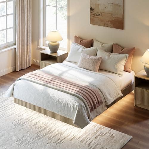 Evermagin Oak Queen Floating Bed Frame with led Lights, Bohemia Fluted 10 Inch High Floating Platform Bed No Headboard, Heavy Duty Metal Float Bedframe, No Box Spring Needed 7