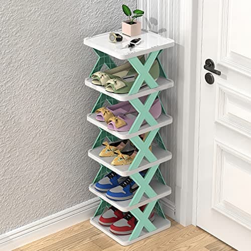6 Tier Narrow Shoe Rack, Small Vertical Shoe Stand, Space Saving DIY Free Standing Shoes Storage Organizer for Entryway, Closet, Hallway, Easy Assembly and Stable in Structure, White and Green