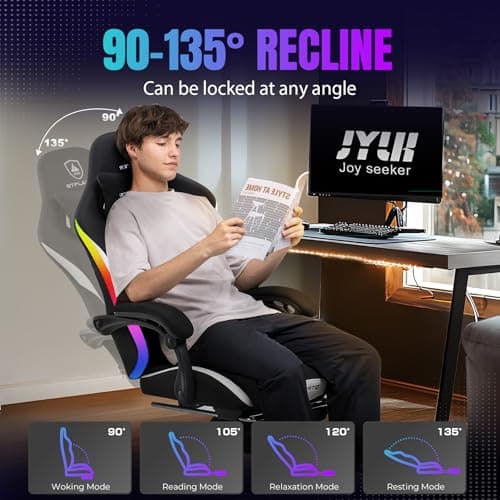 GTPLAYER Gaming Chair with Foot Rest & Racing Style RGB LED Lights, Breathable Fabric for Home Office Desk, Ergonomic High Back Computer Chair with Headrest & Lumbar Support, RGB Black 7
