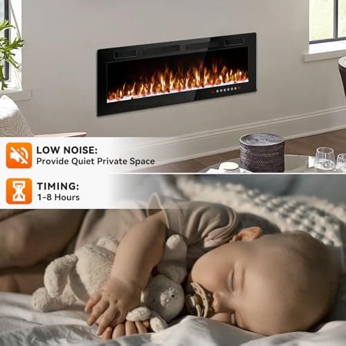 Tornivk 50 Inch Electric Fireplace Inserts Ultra-Thin 750/1500W Linear Electric Fireplace Heater Wall Mounted or Recessed Fireplace Electric with Adjustable Multicolor Flame,Timer 7