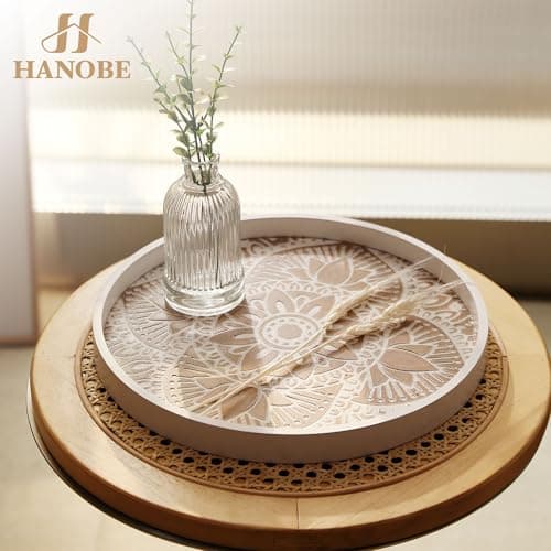 Hanobe Decorative Serving Tray Round: Farmhouse Coffee Table Decor Boho White Mandala Trays for Living Room Kitchen Bathroom Display 6