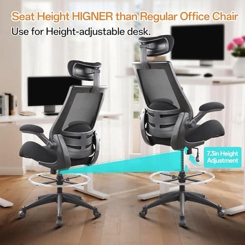 BOLISS Drafting Office Chair 400lbs High Back Wide Standing Desk Chair Comfortable with Flip up Armrests Lumbar Support Adjustable Big Footrest Ring(Black) 5