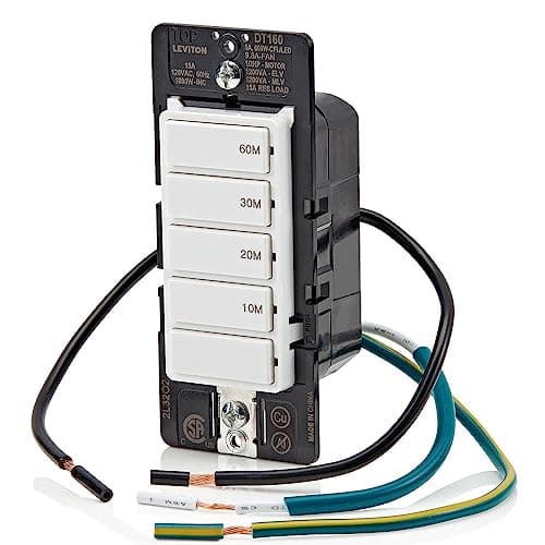 Leviton Countdown Timer Switch for bathroom fan and household lights, 10-20-30-60 min, No Neutral Required, Single Pole, 15A, 1/2HP/9.8A Fan/Motor, DT160-1LW, White 11