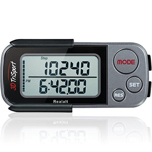Realalt 3DTriSport 3D Walking Pedometer with Clip & Strap, Accurate Step Counter with 30-Day Memory, Distance in Miles/KM Large Display Perfect for Seniors & Beginners eBook Included - Grey/Black