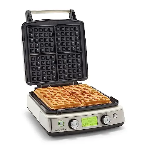 GreenPan Elite 4-Square Belgian & Classic Waffle Maker,Healthy Ceramic Nonstick Dishwasher Safe Plates, Adjustable Shade/Crunch Control, Wont Overflow, Easy Cleanup Breakfast, PFAS-Free, White