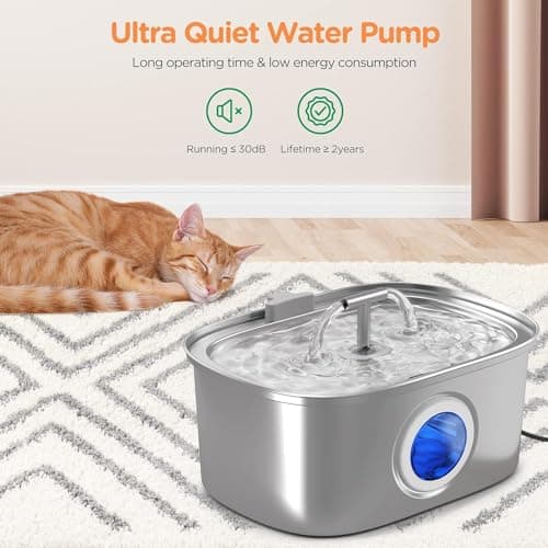 Cat Water Fountain Stainless Steel: 108oz/3.2L Cat Fountain for Drinking with Filter - Pet Water Fountains for Cats Inside - Automatic Cat Feeding & Watering Supplies - Water Level Window 5