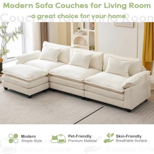 Oprisen 120" Modular Sectional Sofa, Comfy Cloud Couch Sectional Sofa with Ottoman, Chenille Sofa Sleeper Deep Seat Sofa with Throw Pillows for Living Room (Beige White, 120"- L Shape) 7