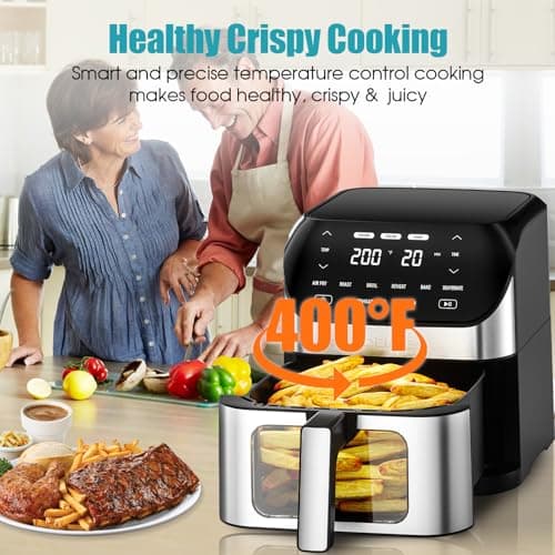 Air Fryer 6.2 QT Large Capacity Oilless Hot Air Fryers Oven 1500W Healthy Cooker with 10 Presets, Digital LCD Touch Screen, Visual Cooking Window, Non-Stick Basket, Included Recipe (Silver-L) 6