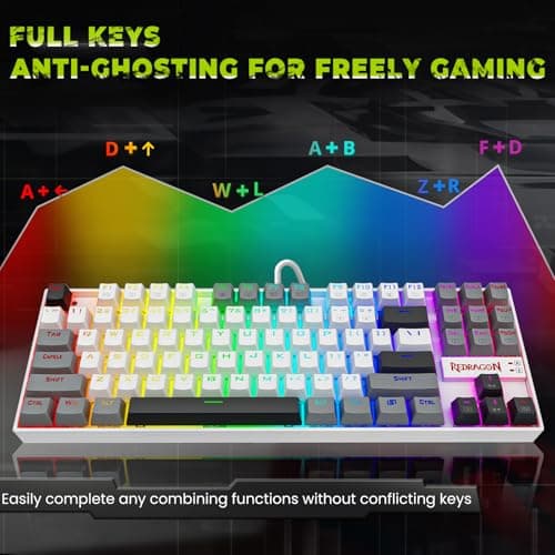 Redragon K552P Mechanical Gaming Keyboard TKL with 18 Backlight Modes, Hot-Swappable Red Switches, 87-Key Compact Ergonomic Design, N-Key Rollover & Software Programmable Macro - RGB, White Grey 8