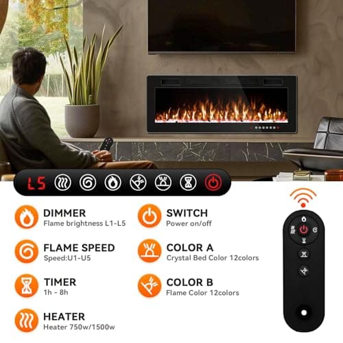 Tornivk 50 Inch Electric Fireplace Inserts Ultra-Thin 750/1500W Linear Electric Fireplace Heater Wall Mounted or Recessed Fireplace Electric with Adjustable Multicolor Flame,Timer 6