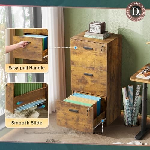 DEVAISE 3 Drawer File Cabinet with Lock, Vertical Wood Filing Cabinet for Home Office, Printer Stand for Letter and A4 Size, Rustic Brown 7