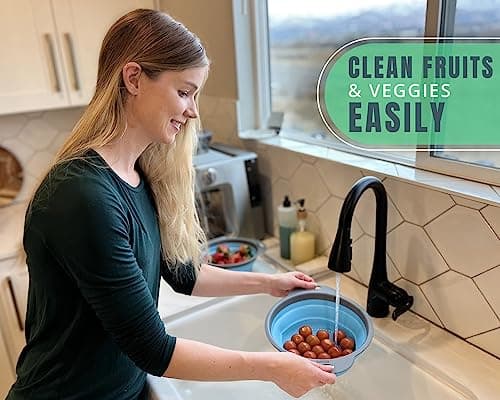 Ultimate Kitchen Strainers Set of 2 - Collapsible Silicone Colanders for Easy Storage by Comfify - Use with Pasta & Veggies or as a Fruit or Berry Bowl with Strainer - Irreplaceable for Campers - Blue 6