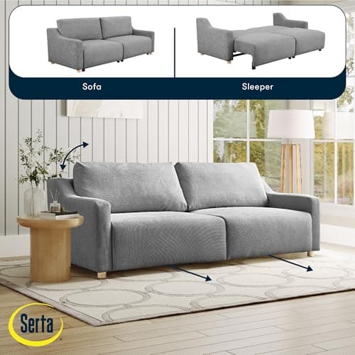 Serta Glendale 90.2" Queen Size Wall-Hugging Convertible Sofa, Dreamcoil Comfort, Chenille Fabric, Grey 10