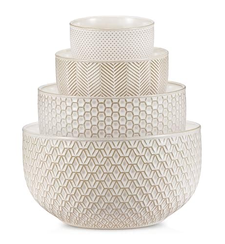 KooK Ceramic Mixing Bowls, Nesting Set of 4, Embossed Kitchen Dishware, Prep, Serving, Gift, Microwave and Dishwasher Safe, 20/44/98/145 oz, Narbonne Collection (Ivory)