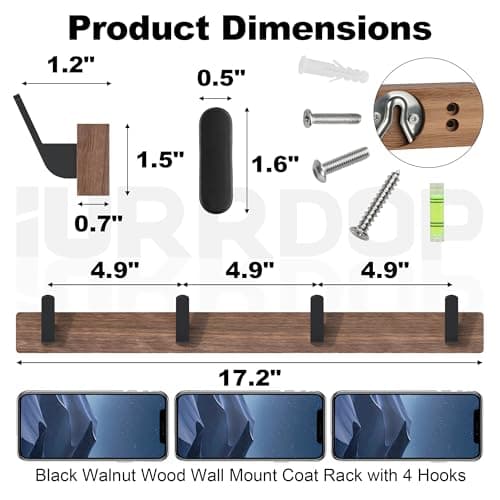 IURRDOP 17 Inch Walnut Wood Wall Mounted Coat Rack with 4 Black Hooks, Adhesive Mounted Entryway Hooks, Modern Natural Wooden Pegs for Hanging Coat Clothes Hat Bag Purse Key and Towel 2