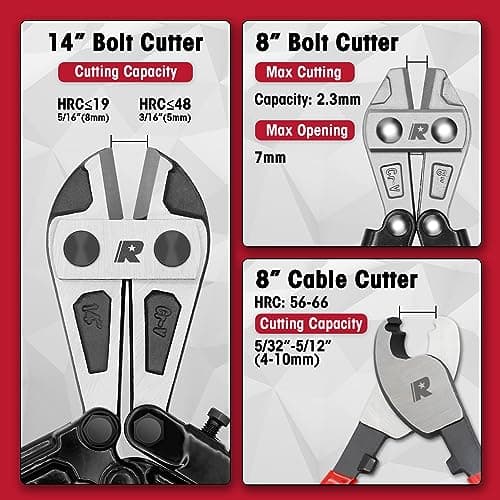 RIZOM 3-Piece Bolt Cutter Pliers Set, 14" Heavy Duty Bolt Cutter, 8" Mini Bolt Cutter, 8" Wire Cable Cutter with Carrying Bag, Cr-V Blade for Cutting Locks, Steel Wire, Barbed Wire, Chains 5