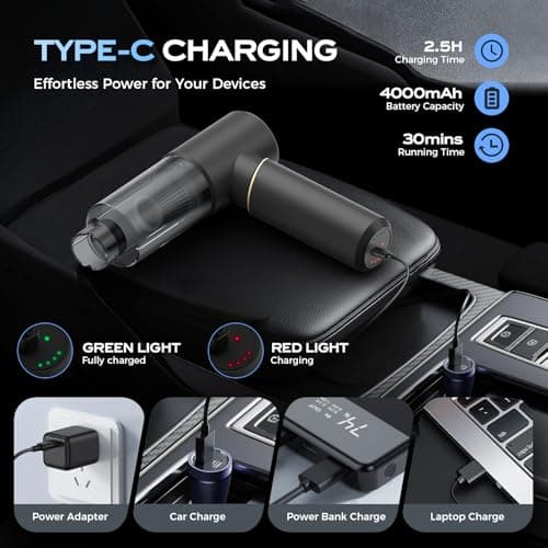 BSRCO Handheld Vacuum Cordless, 15000Pa Car Vacuum Portable with 2 Modes & HEPA Filter, Type-C Charging, 1.25lbs Lightweight Air Duster for Pet Hair, Car Interior and Home Cleaning 6