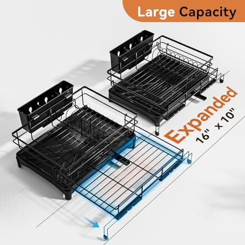 Laveshop Dish Drying Rack - Expandable Rack, Large Capacity Dish Drainer for Kitchen Counter, Rust-Proof with Utensil Holder, Black 2