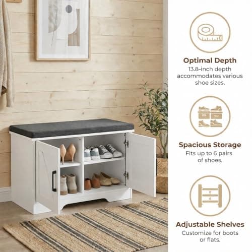 HOMSHO 2-Tier Storage Bench, 27.6" Wide Shoe Bench with Padded Seat Cushion, Entryway Bench with 2 Barn Doors and Adjustable Shelf, White 9