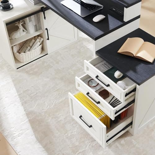 JXQTLINGMU Home Office Desk, Modern Farmhouse Computer Desk with File Cabinet Letter T4 F4 Legal, Study Writing Desk, 67 Inch, Off White 5