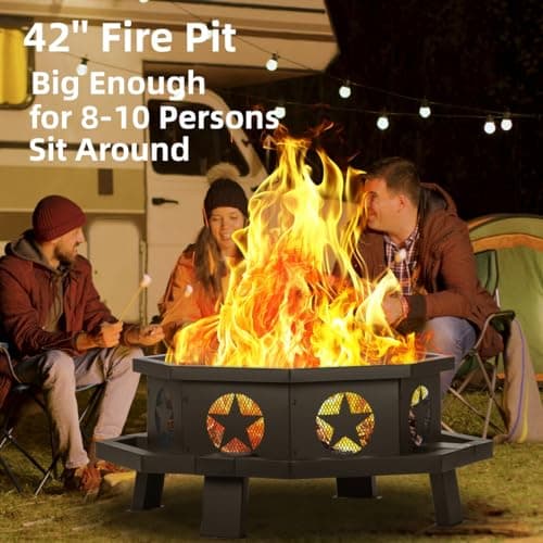 Panovue 42 inch Fire Pit for Outside, Heavy Duty Wood Burning Fire Pits with Fire Poker, Outdoor Octagonal Firepit for Camping, Yard, Patio 6