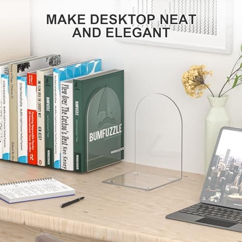 ALOTCHE Acrylic Bookends 4 Pieces, Clear Bookends for Shelves, Book Ends for Shelves and Desktop Organizer, Transparent Shelf Book Stopper to Hold Books for Home Office Supplies 5