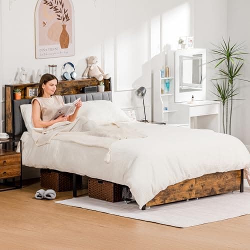 COMHOMA Queen Size Platform Bed Frame with LED Lights and Charging Station, Storage Headboard and Footboard Drawers, No Box Spring Needed, Rustic Wood Look 7