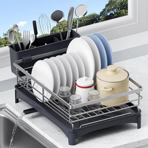 PXYHMUS Stainless Steel Kitchen Counter Dish Drying Rack with Drainer and Cutlery Holder, 16.5" D x 11.8" W x 6.29" H