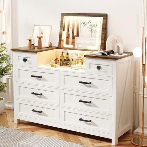 BROTTAR Dresser with Mirror for Bedroom, Chest of Drawers with LED Mirror, 8 Drawer Dresser, White Dressers for Kids, Wood Dressers, Farmhouse Makeup Vanity with Storage for Bedroom