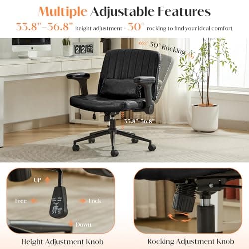 SAMERY Criss Cross Chair with Adjustable Flip-Up Arms, Wide Cross Legged Office with Wheels, Desk Vanity Chair Height Adjustable Swivel for Home Office Vanity Computer Task (Black, with Armrests) 5