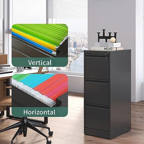 BIZOEIRON 3 Drawer File Cabinet with Lock, Metal Vertical Filing Cabinets for Home Office, Steel Storage Cabinet for Hanging Legal/Letter Size Files, Assembly Required (Black) 7