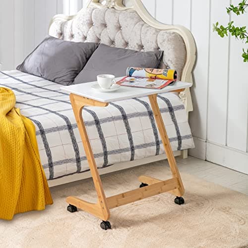Nnewvante TV Tray, Sofa Side End Laptop Table with Wheels, Desk Snack Tray for Small Spaces Living Room and Bedroom, 23.5 Inch x 15.8 Inch (Standard with 360° Casters, Bamboo/White) 8