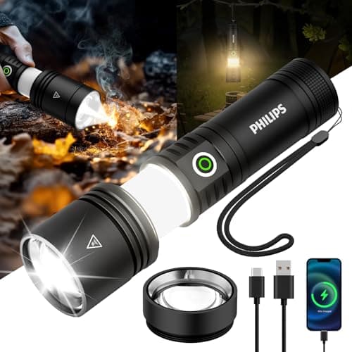 Philips Flashlights High Lumens Rechargeable with Ignition Lens,3000lm Tactical Flashlights with Camping Lamp,2 Colors Zoomable 5Modes Reverse Charging LED Bright Flashlight for Home Outdoor Gift
