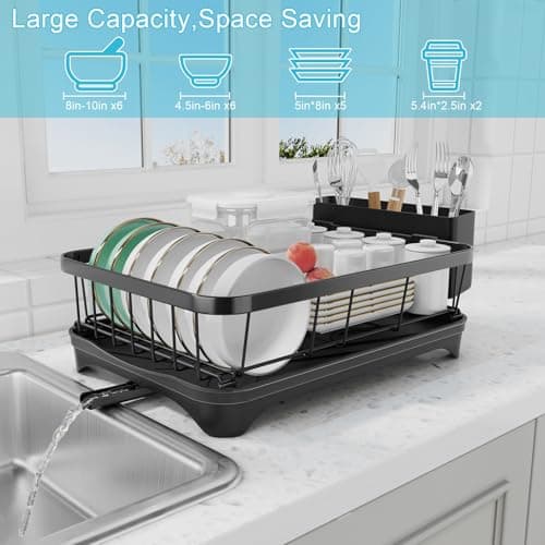 HOMEBOSILY Dish Drying Rack with Drainboard - Space Saving Single Layer Drying Rack,Large Capacity Kitchen Organizer with Utensil Holder & Cutlery Tray, Countertop Dish Drainer Black 7