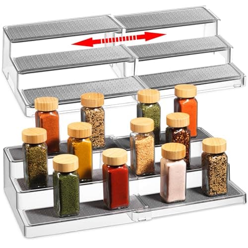 Oizeir Expandable Spice Organizer Rack (2-PACK) - 3-Tier - Clear Adjustable Tiered Shelf Spices Organization for Kitchen Cabinet and Pantry Storage
