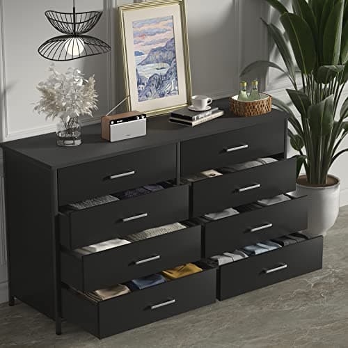 IKENO 8 Drawer Dresser for Bedroom, Industrial Wood Dresser Wide 8 Chest of Drawers, Wooden Storage Organizer Dresser with Sturdy Steel Frame (Black) 3