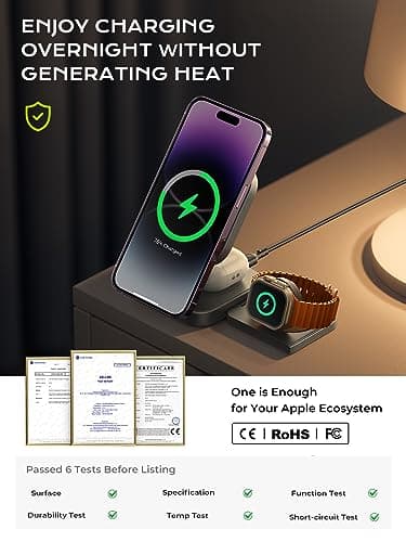 LISEN 3 in 1 Charging Station for Apple Magsafe Charger Travel Accessories, Wireless Charger 3 in 1 for iPhone 16 15 Pro Max Magsafe Accessories Charger for Airpods iWatch iPhone 12-16 Black 5