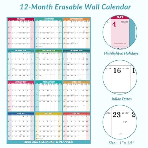 2026-2027 Yearly Wall Calendar - Dry Erase Calendar 2026-2027, July 2026 - June 2027, 34.8'' × 22.8'', 2-Sided Erasable Calendar with 8 Round Stickers 5