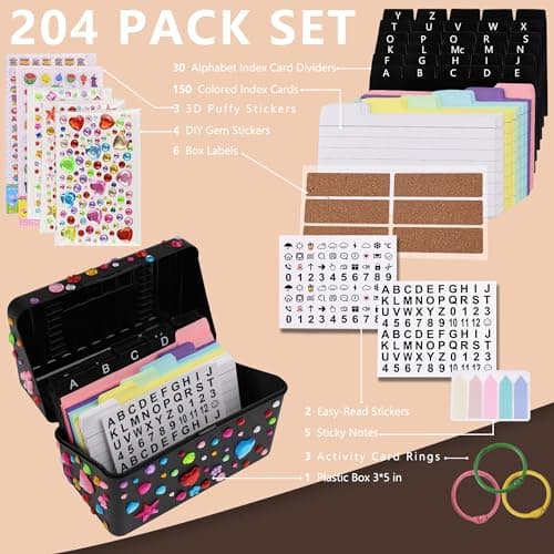 JEHAPPYTRY 3x5 Index Card Holder Set - Exquisite Recipe Box with Index Card Dividers Inclu Assorted DIY Stickers, 150 Colored Index Cards, Labels, Snap Rings, A-Z Dividers and Index Card Box, Black 5