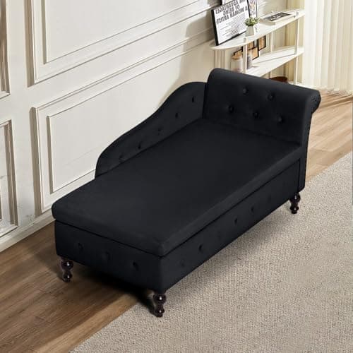 ACMEASE Chaise Lounge with Right Armrest & Lumbar Pillow,Button Tufted Lounge Sofa with Storage,Lounge Chair Indoor,Modern Upholstered Velvet Lounge Chair for Bedroom, Living Room and Office,Black 7