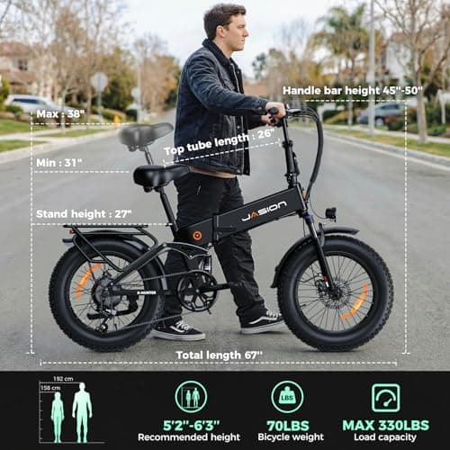 Jasion X-Hunter Foldable Electric Bike, 1400W Peak Motor, 30MPH 70+ Miles Ebike, 624WH Removable Battery, Full Suspension 20''*4 Fat Tire E-Bike for Commute,Snow, Mountain, 7-Speed Bicylce, Black+Grey 5