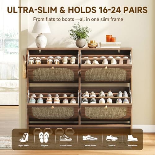 Nicetree Freestanding Ultra Slim Arched Rattan Accent Shoe Storage Cabinet for Entryway - 4 Flip Drawers & 3-Tier Adjustable Shelves, Farmhouse Modern Rustic Shoe Rack for Hallway, Foyer Oak 5