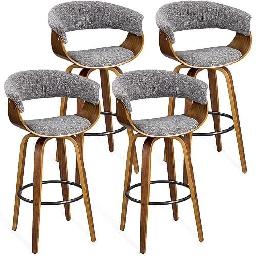 Glitzhome Bar Height Swivel Barstools Set of 4, 29.5’’ Seat Height Upholstered Fabric Bar Chairs with Back& Footrest, Walnut Wood Frame Bar Stools for Kitchen Pub, Home Bar,Grey