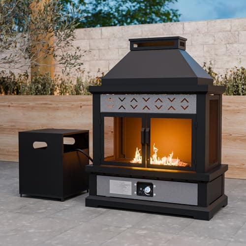 EAGLE PEAK Outdoor Propane Fireplace 50,000 BTU Gas Fireplace with Locking Mesh Doors with Storage & Adjustable Flame, Patio Heater for Decks Backyards, Black/Gray