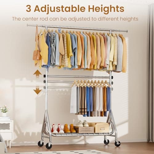 JIEJIERUI Heavy Duty Clothes Rack for Hanging Clothes, Double Rods Clothing Rack with Lockable Wheels, Rolling Garment Racks with Shelf, Easy to Assemble, Silver 2