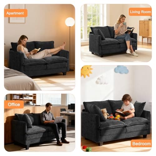 MUDANT Loveseat Sofa Cloud Sofa Couch 50'', Modern Loveseats 2 Seat Couch 27" Deep Seat with 2 Pillows for Small Spaces Apartment Studio Office Bedroom Living Room 8834-BLACK 7