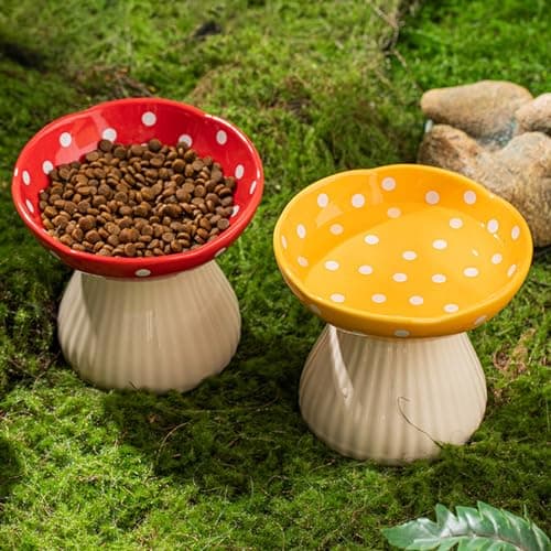 2 Pack Cat Bowl Elevated Raised Cat Food Bowl Mushroom Water Tilted Dish Ceramic Pet Feeder for Flat Faced Kitten Whisker Friendly Non-Slip(Red & Yellow,Pack of 2)