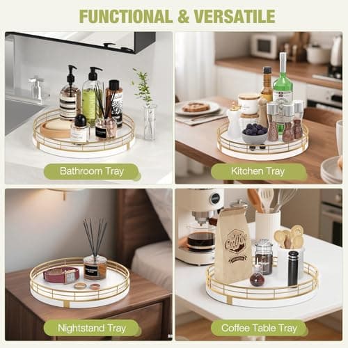 Round Wooden Decorative Tray for Coffee Table Kitchen Dining Table Decor - Rustic Farmhouse Wood Centerpiece Display Tray for Living Room Decor, Perfume, Plant,Bathroom Accessories (10" White Gold) 6