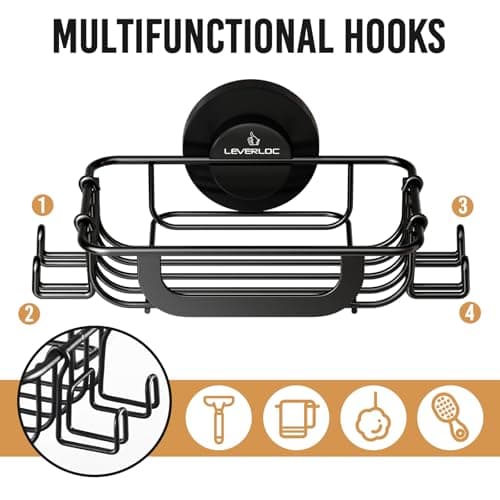 LEVERLOC Soap Holder Dish Bar with Hooks, Bar Soap Holder Suction Cup Wall Mounted, Self Draining Stainless Steel NO-Drilling Removable Waterproof for Shower Bathroom Bathtub Sink-Black 5
