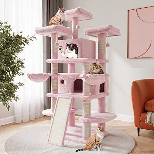SHA CERLIN 68 Inches Multi-Level Large Cat Tree for Large Kitties/Big Cat Tower with Condo/Cozy Plush ‌Pussycat Perches/Sisal Scratching Posts and Hammocks/Activity Center/Pink